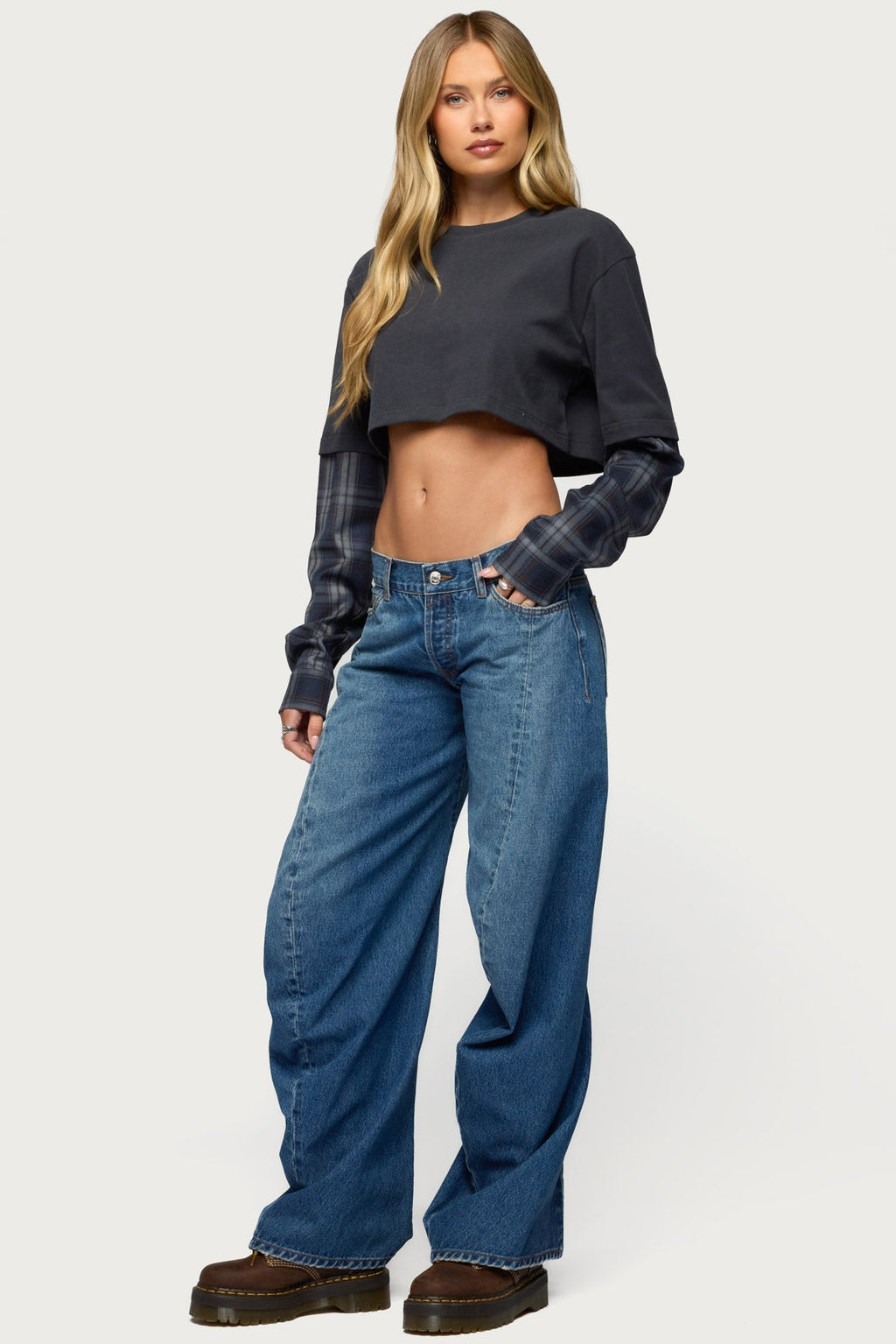 Plaid Sleeves Layered Crop Top