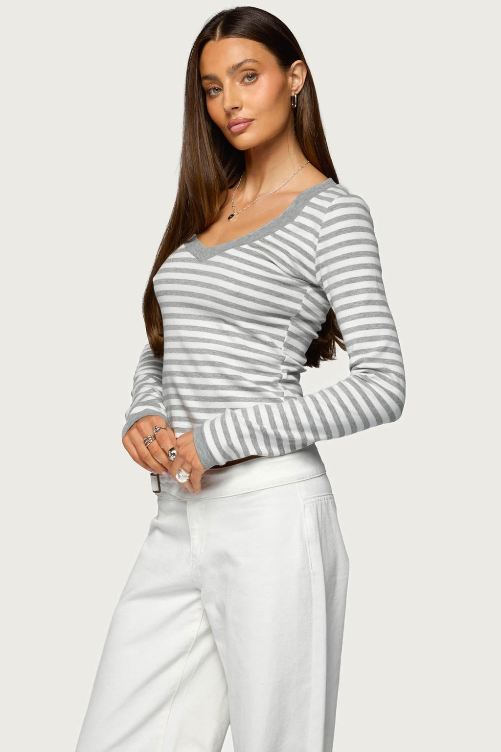 Kimi Striped Long Sleeve V Neck Top